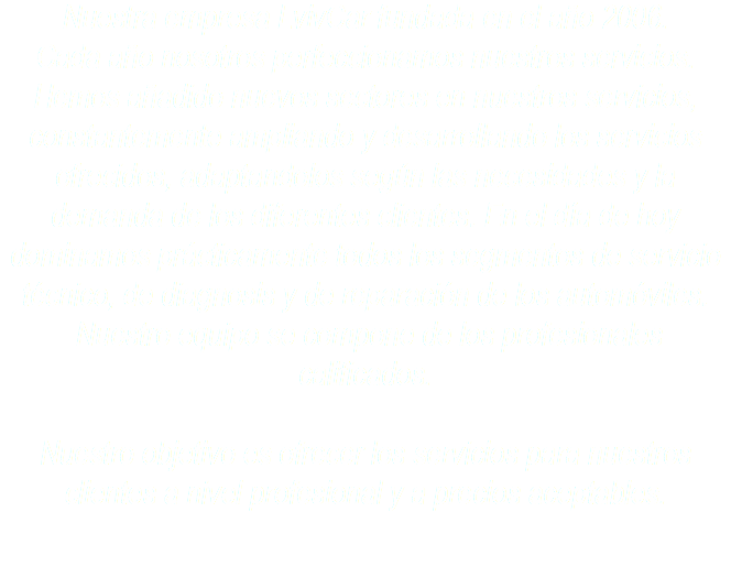 Nuestra empresa LvivCar fundada en el año 2006.
Cada año nosotros perfeccionamos nuestros servicios. Hemos añadido nuevos sectores en nuestros servicios, constantemente ampliando y desarrollando los servicios ofrecidos, adaptandolos según las necesidades y la demanda de los diferentes clientes. En el día de hoy dominamos prácticamente todos los segmentos de servicio técnico, de diagnosis y de reparación de los automóviles. Nuestro equipo se compone de los profesionales calificados. Nuestro objetivo es ofrecer los servicios para nuestros clientes a nivel profesional y a precios aceptables. 